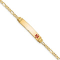 14K Medical Solid Chain/Solid Plate 26x5mm Off-Center Red Enamel Figaro Link 8 inch ID Bracelet