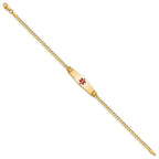 14K Medical Solid Chain/Solid Plate 24x7mm Soft Diamond Shape Centered Red Enamel Curb Link 7 inch ID Bracelet