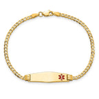 14K Medical Solid Chain/Solid Plate 26x7mm Soft Diamond Shape Off-Center Red Enamel Curb Link 7 inch ID Bracelet