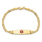 14K Medical Solid Chain/Solid Plate 25x7mm Soft Diamond Shape Centered Red Enamel Anchor Link 6 inch Baby/Child ID Bracelet