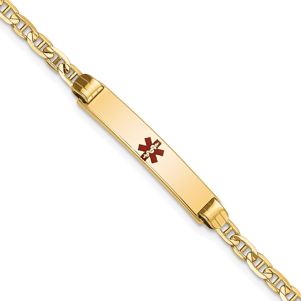 14K Medical Solid Chain/Solid Plate 26x5mm Centered Red Enamel Anchor Link 7 inch ID Bracelet