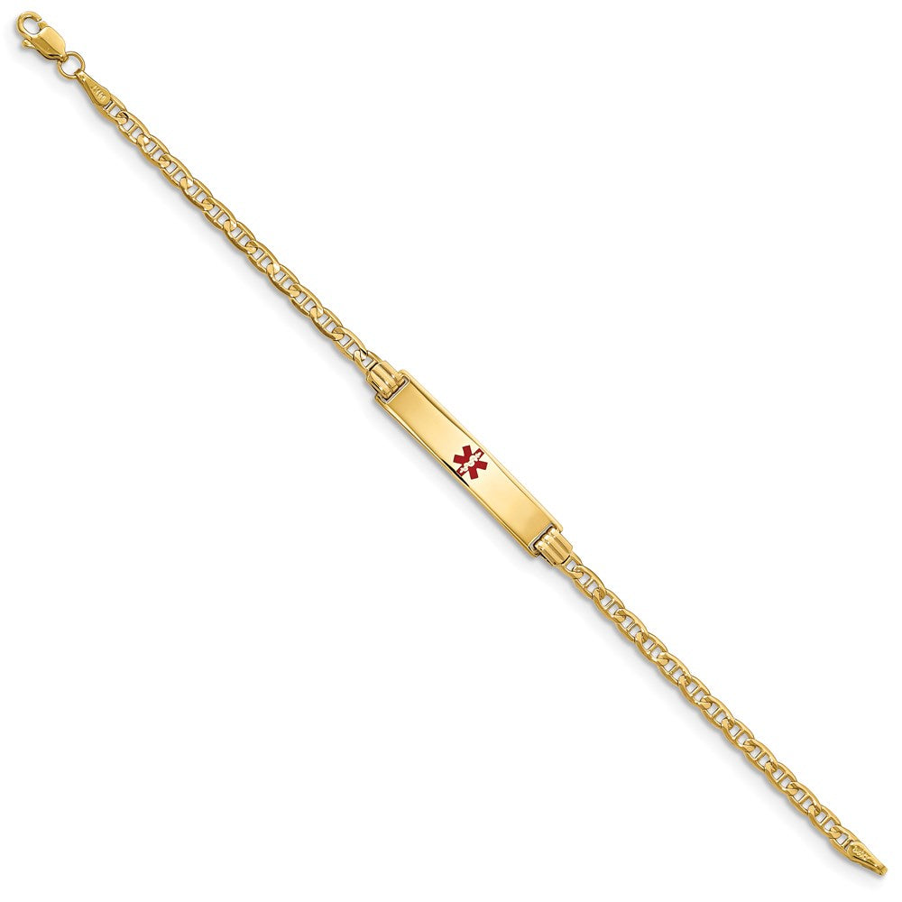 14K Medical Solid Chain/Solid Plate 26x5mm Centered Red Enamel Anchor Link 7 inch ID Bracelet