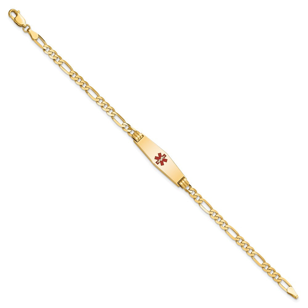 14K Medical Solid Chain/Solid Plate 24x7mm Soft Diamond Shape Centered Red Enamel Figaro Link 8 inch ID Bracelet