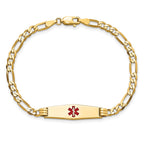 14K Medical Solid Chain/Solid Plate 24x7mm Soft Diamond Shape Centered Red Enamel Figaro Link 8 inch ID Bracelet
