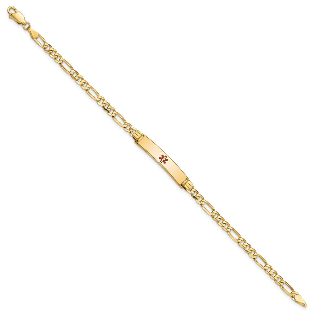 14K Medical Solid Chain/Solid Plate 26x5mm Centered Red Enamel Figaro Link 7 inch ID Bracelet