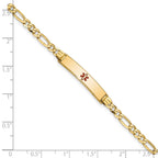 14K Medical Solid Chain/Solid Plate 26x5mm Centered Red Enamel Figaro Link 8 inch ID Bracelet