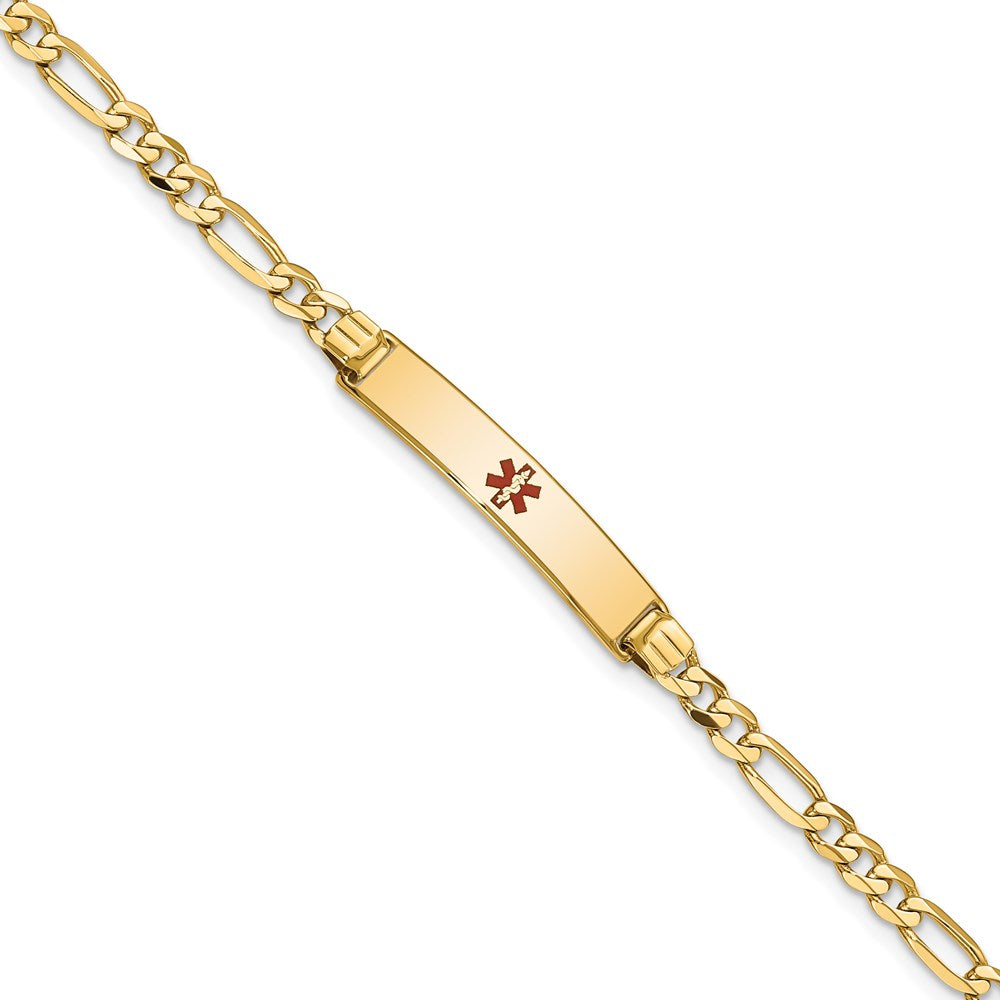 14K Medical Solid Chain/Solid Plate 26x5mm Centered Red Enamel Figaro Link 8 inch ID Bracelet