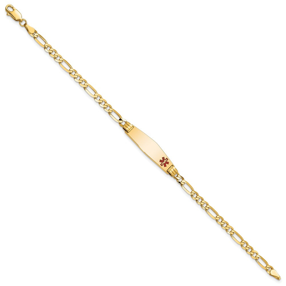 14K Medical Solid Chain/Solid Plate 26x7mm Soft Diamond Shape Off-Center Red Enamel Figaro Link 8 inch ID Bracelet