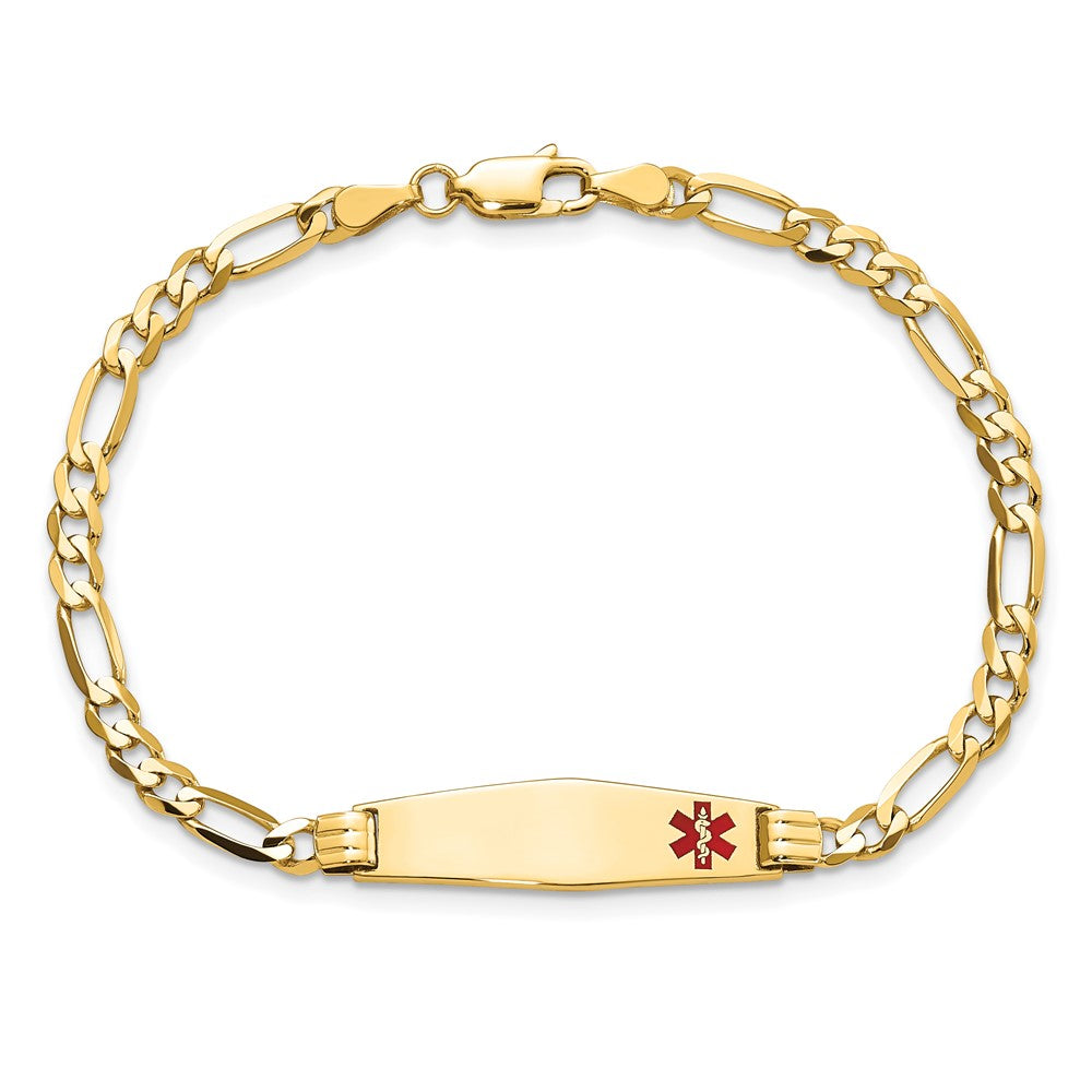 14K Medical Solid Chain/Solid Plate 26x7mm Soft Diamond Shape Off-Center Red Enamel Figaro Link 8 inch ID Bracelet