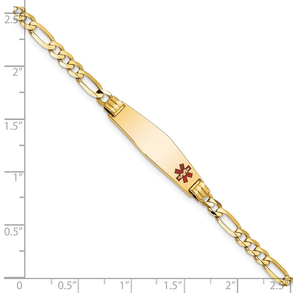 14K Medical Solid Chain/Solid Plate 26x7mm Soft Diamond Shape Off-Center Red Enamel Figaro Link 8 inch ID Bracelet
