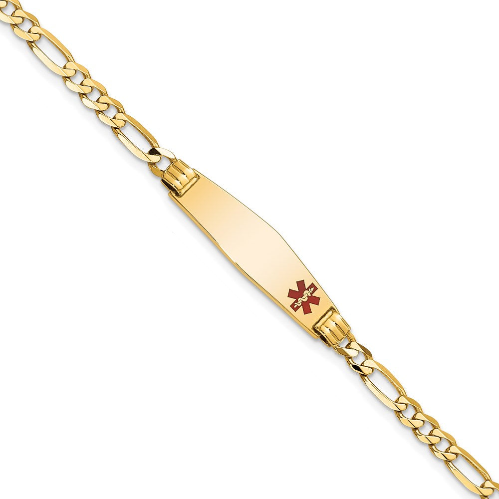 14K Medical Solid Chain/Solid Plate 26x7mm Soft Diamond Shape Off-Center Red Enamel Figaro Link 8 inch ID Bracelet