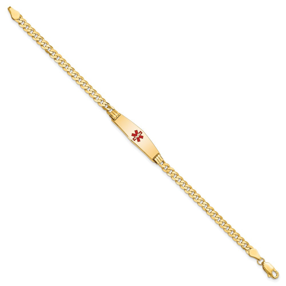 14K Medical Solid Chain/Solid Plate 24x7mm Soft Diamond Shape Centered Red Enamel Curb Link 7 inch ID Bracelet