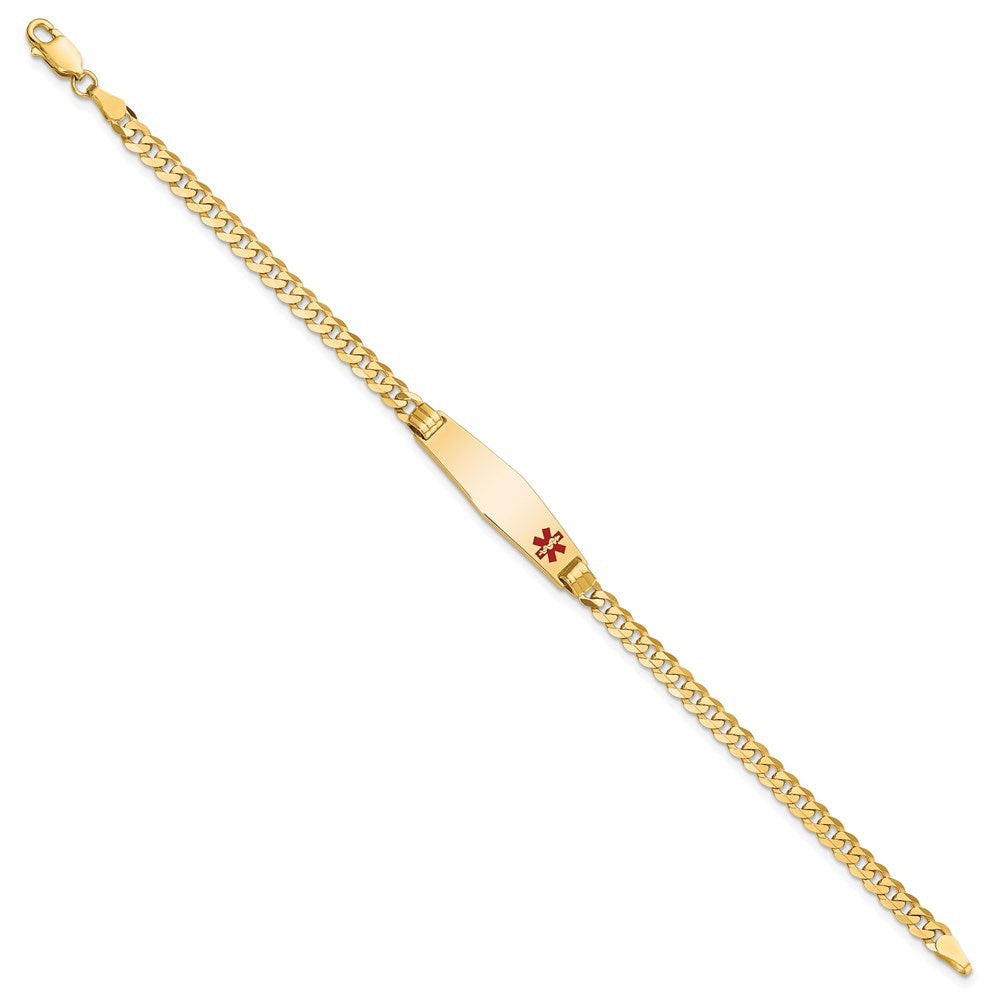 14K Medical Solid Chain/Solid Plate 26x7mm Soft Diamond Shape Off-Center Red Enamel Curb Link 7 inch ID Bracelet