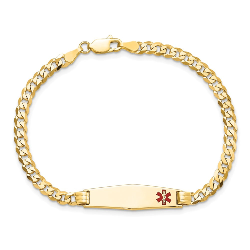 14K Medical Solid Chain/Solid Plate 26x7mm Soft Diamond Shape Off-Center Red Enamel Curb Link 7 inch ID Bracelet