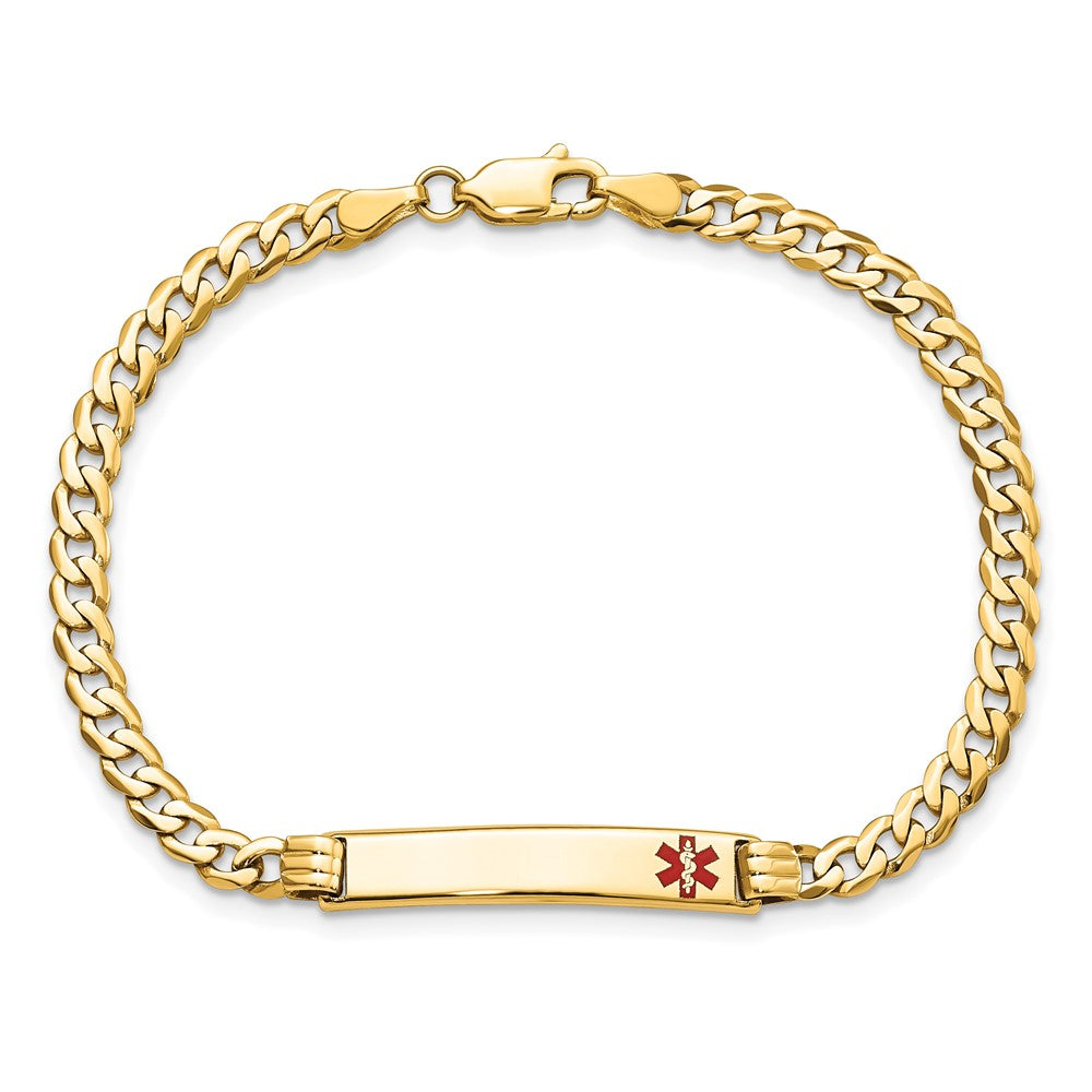 14K Medical Solid Chain/Solid Plate 26x5mm Off-Center Red Enamel Curb Link 7 inch ID Bracelet