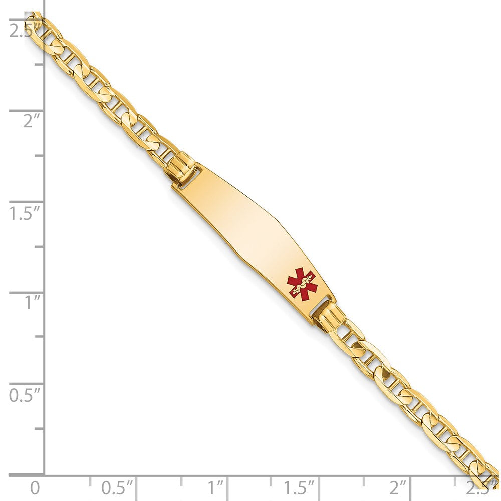 14K Medical Solid Chain/Solid Plate 26x7mm Soft Diamond Shape Off-Center Red Enamel Anchor Link 8 inch ID Bracelet