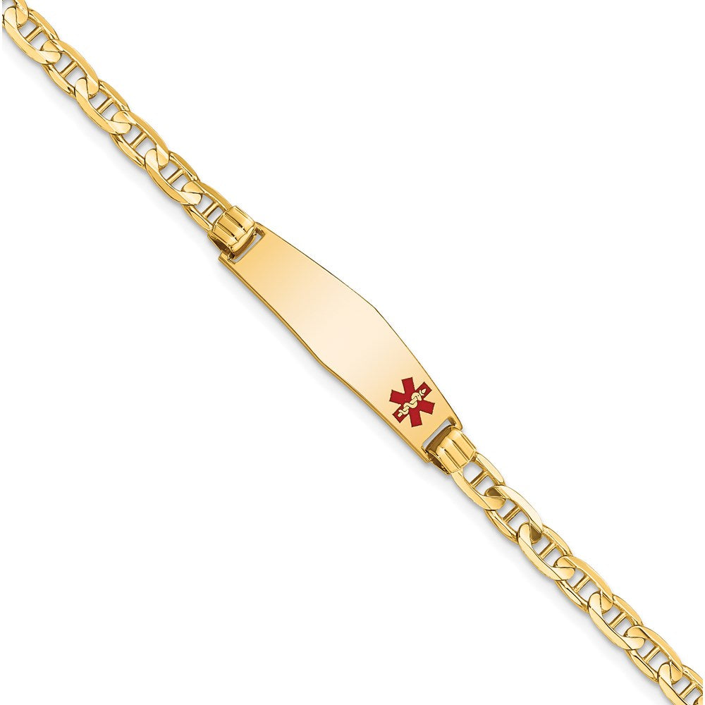 14K Medical Solid Chain/Solid Plate 26x7mm Soft Diamond Shape Off-Center Red Enamel Anchor Link 8 inch ID Bracelet