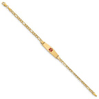 14K Medical Semi-Solid Chain/Solid Plate 26x7mm Soft Diamond Shape Centered Red Enamel Figaro Link 8 inch ID Bracelet