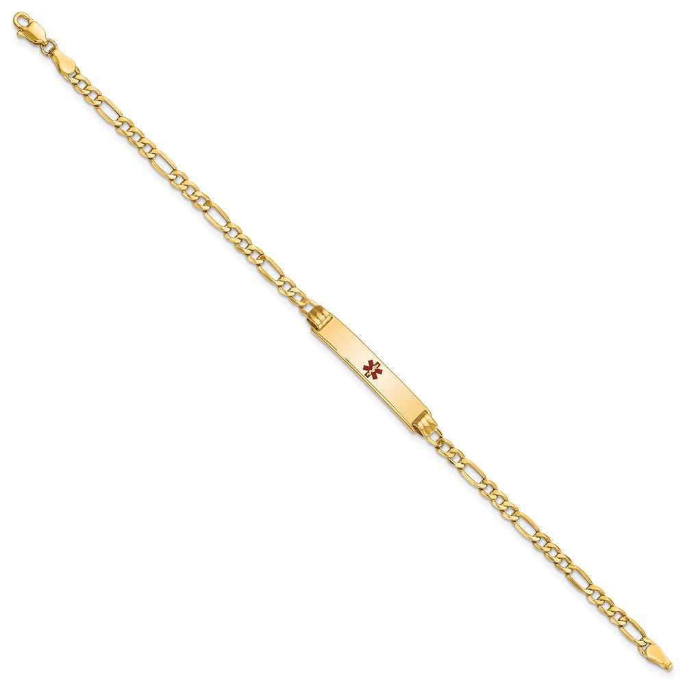 14K Medical Semi-Solid Chain/Solid Plate 26x5mm Centered Red Enamel Figaro Link 8 inch ID Bracelet