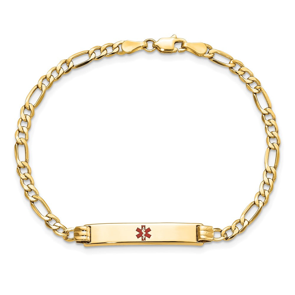 14K Medical Semi-Solid Chain/Solid Plate 26x5mm Centered Red Enamel Figaro Link 8 inch ID Bracelet