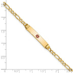 14K Medical Semi-Solid Chain/Solid Plate 26x5mm Centered Red Enamel Figaro Link 8 inch ID Bracelet