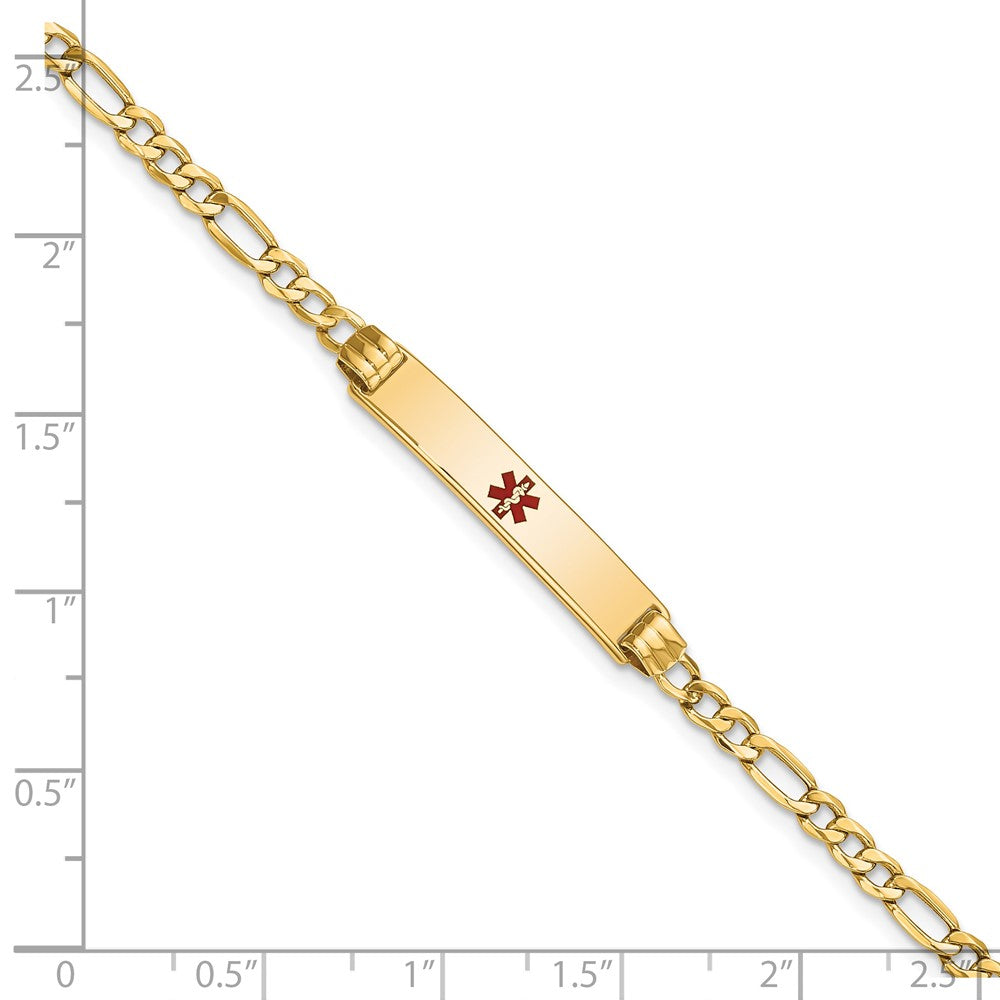 14K Medical Semi-Solid Chain/Solid Plate 26x5mm Centered Red Enamel Figaro Link 8 inch ID Bracelet