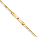 14K Medical Semi-Solid Chain/Solid Plate 26x5mm Centered Red Enamel Figaro Link 8 inch ID Bracelet
