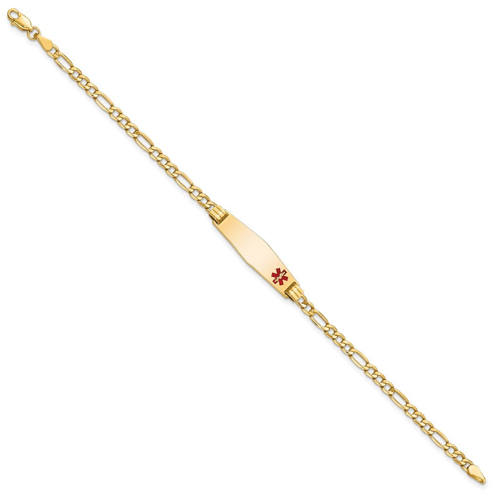 14K Medical Semi-Solid Chain/Solid Plate 26x7mm Soft Diamond Shape Off-Center Red Enamel Figaro Link 8 inch ID Bracelet
