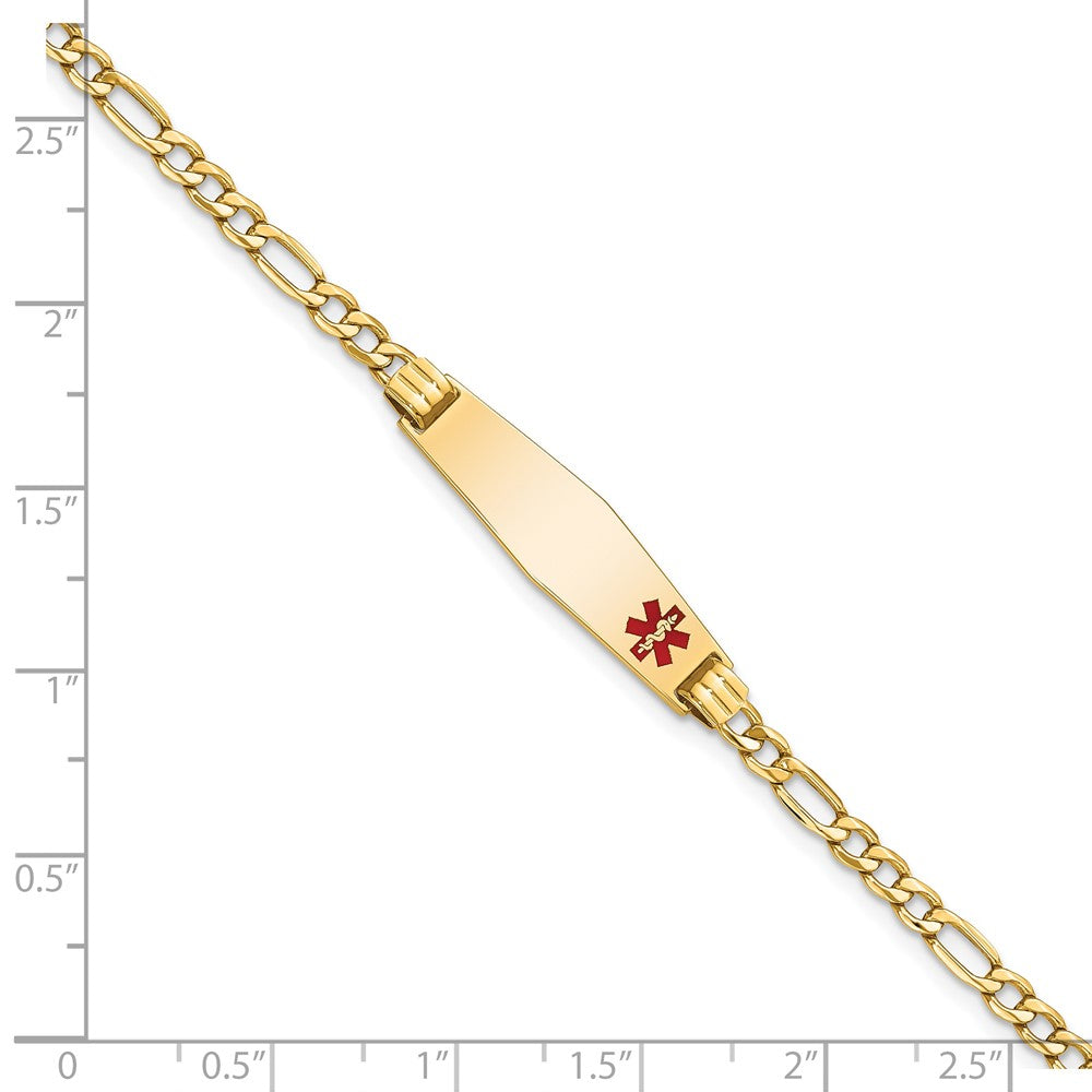 14K Medical Semi-Solid Chain/Solid Plate 26x7mm Soft Diamond Shape Off-Center Red Enamel Figaro Link 8 inch ID Bracelet
