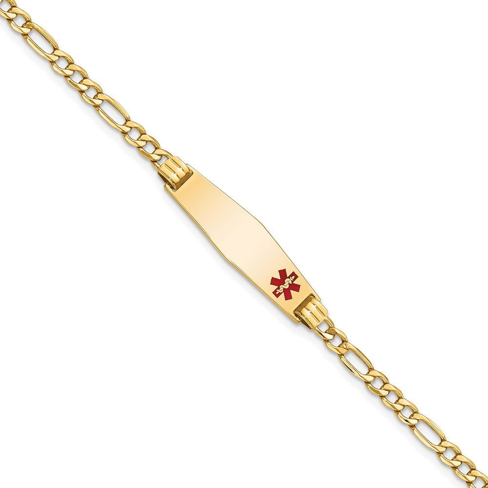 14K Medical Semi-Solid Chain/Solid Plate 26x7mm Soft Diamond Shape Off-Center Red Enamel Figaro Link 8 inch ID Bracelet
