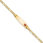 14K Medical Semi-Solid Chain/Solid Plate 26x7mm Soft Diamond Shape Off-Center Red Enamel Figaro Link 8 inch ID Bracelet