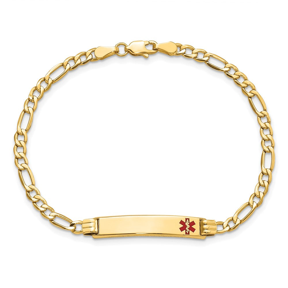 14k Medical Semi-Solid Chain/Solid Plate 26x5mm Off-Center Red Enamel Figaro Link 8 inch ID Bracelet