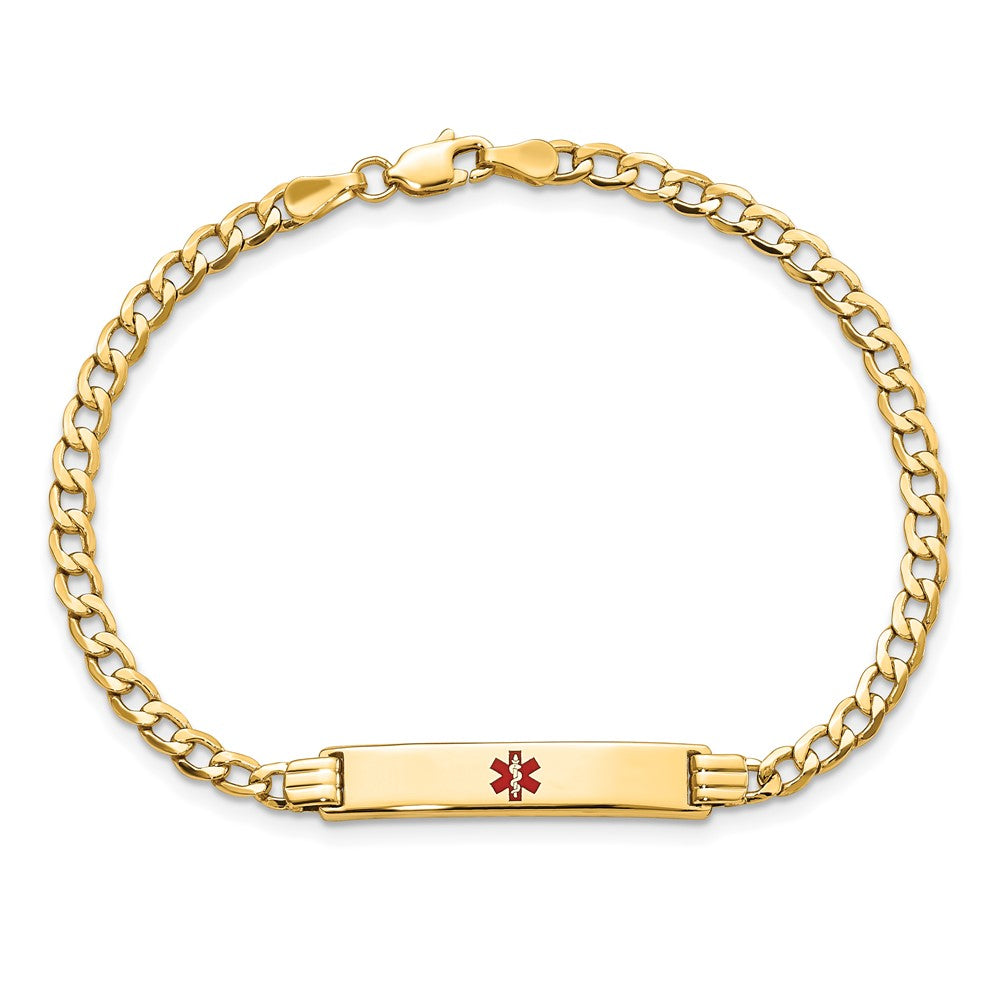 14K Medical Semi-Solid Chain/Solid Plate 26x5mm Centered Red Enamel Cuban Link 8 inch ID Bracelet
