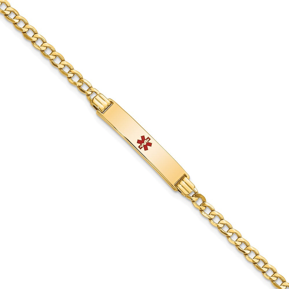 14K Medical Semi-Solid Chain/Solid Plate 26x5mm Centered Red Enamel Cuban Link 8 inch ID Bracelet