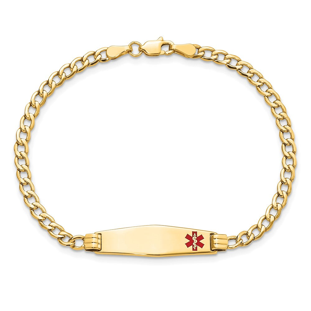 14K Medical Semi-Solid Chain/Solid Plate 26x7mm Soft Diamond Shape Off-Center Red Enamel Cuban Link 8 inch ID Bracelet