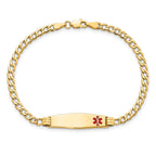 14K Medical Semi-Solid Chain/Solid Plate 26x7mm Soft Diamond Shape Off-Center Red Enamel Cuban Link 8 inch ID Bracelet