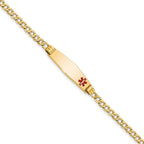 14K Medical Semi-Solid Chain/Solid Plate 26x7mm Soft Diamond Shape Off-Center Red Enamel Cuban Link 8 inch ID Bracelet