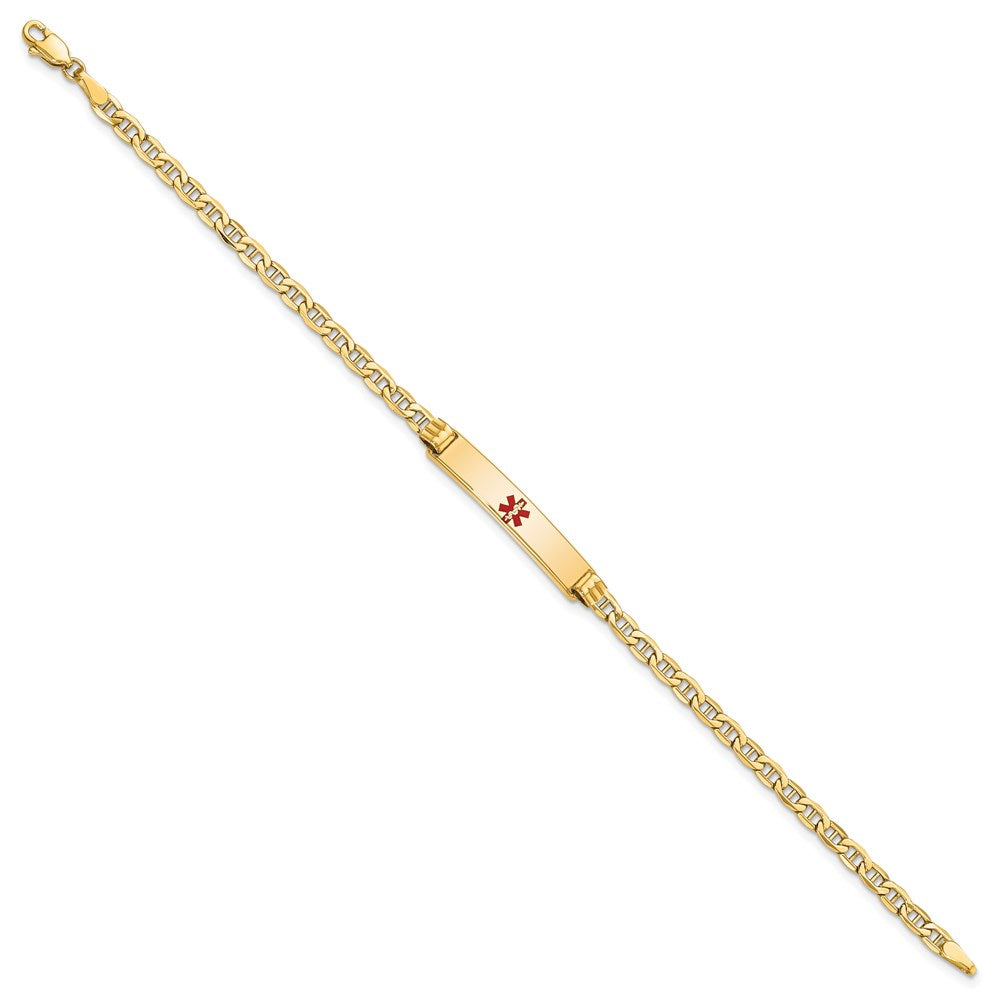 14K Medical Semi-Solid Chain/Solid Plate 26x5mm Centered Red Enamel Anchor Link 7 inch ID Bracelet