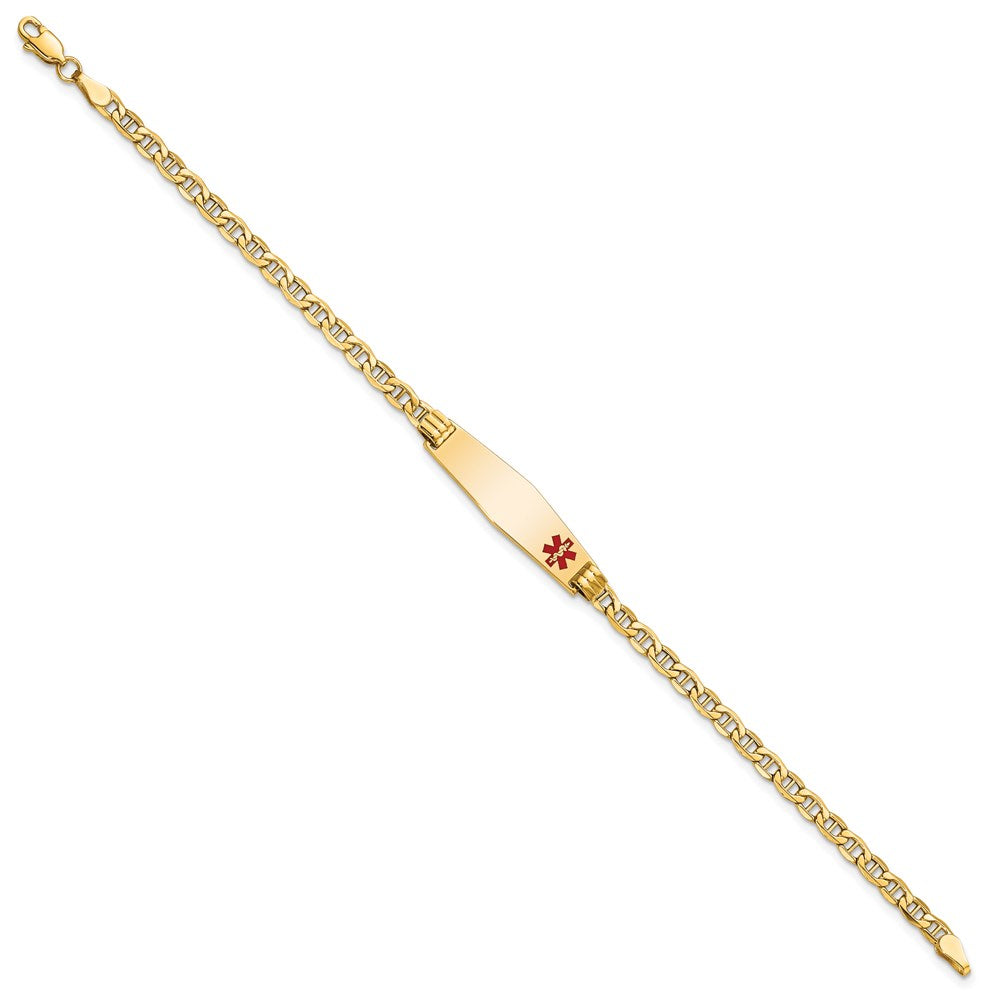 14K Medical Semi-Solid Chain/Solid Plate 26x7mm Soft Diamond Shape Off-Center Red Enamel Anchor Link 8 inch ID Bracelet