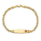 14K Medical Semi-Solid Chain/Solid Plate 26x7mm Soft Diamond Shape Off-Center Red Enamel Anchor Link 7 inch ID Bracelet