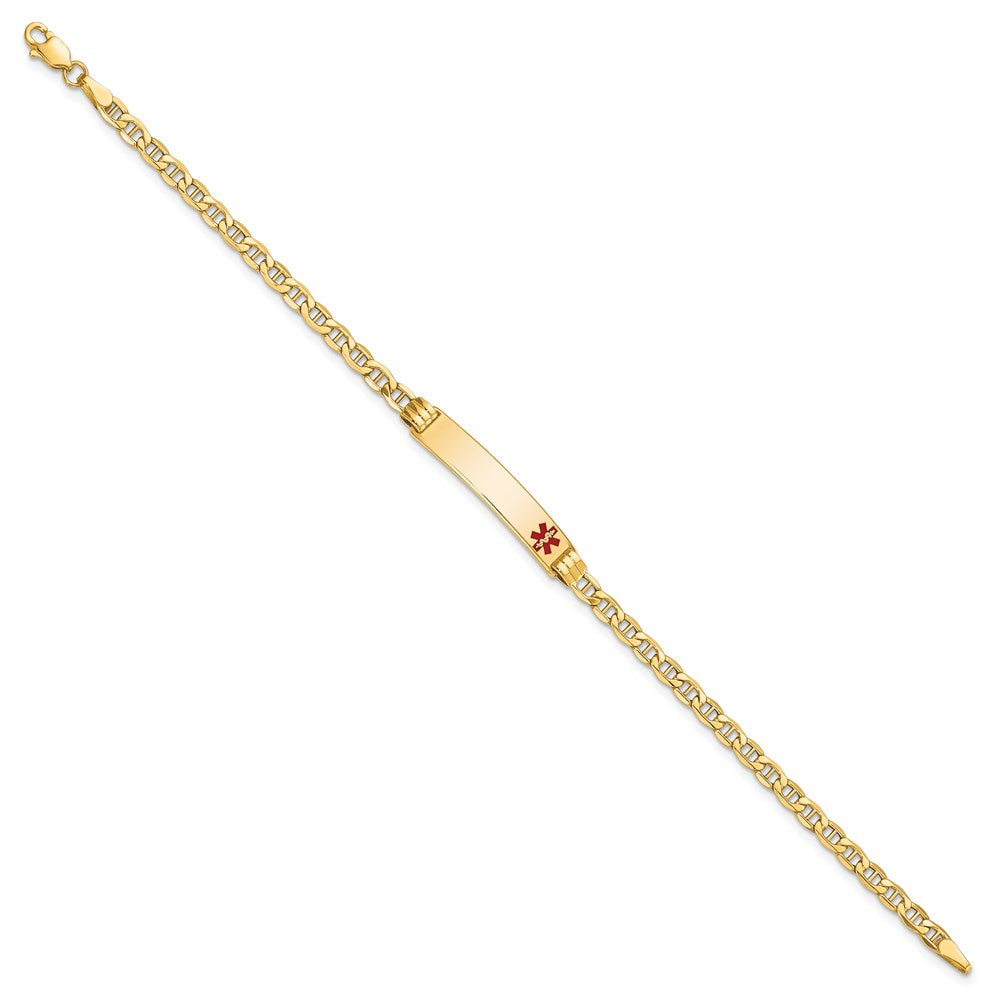 14k Medical Semi-Solid Chain/Solid Plate 26x5mm Off-Center Red Enamel Anchor Link 7 inch ID Bracelet