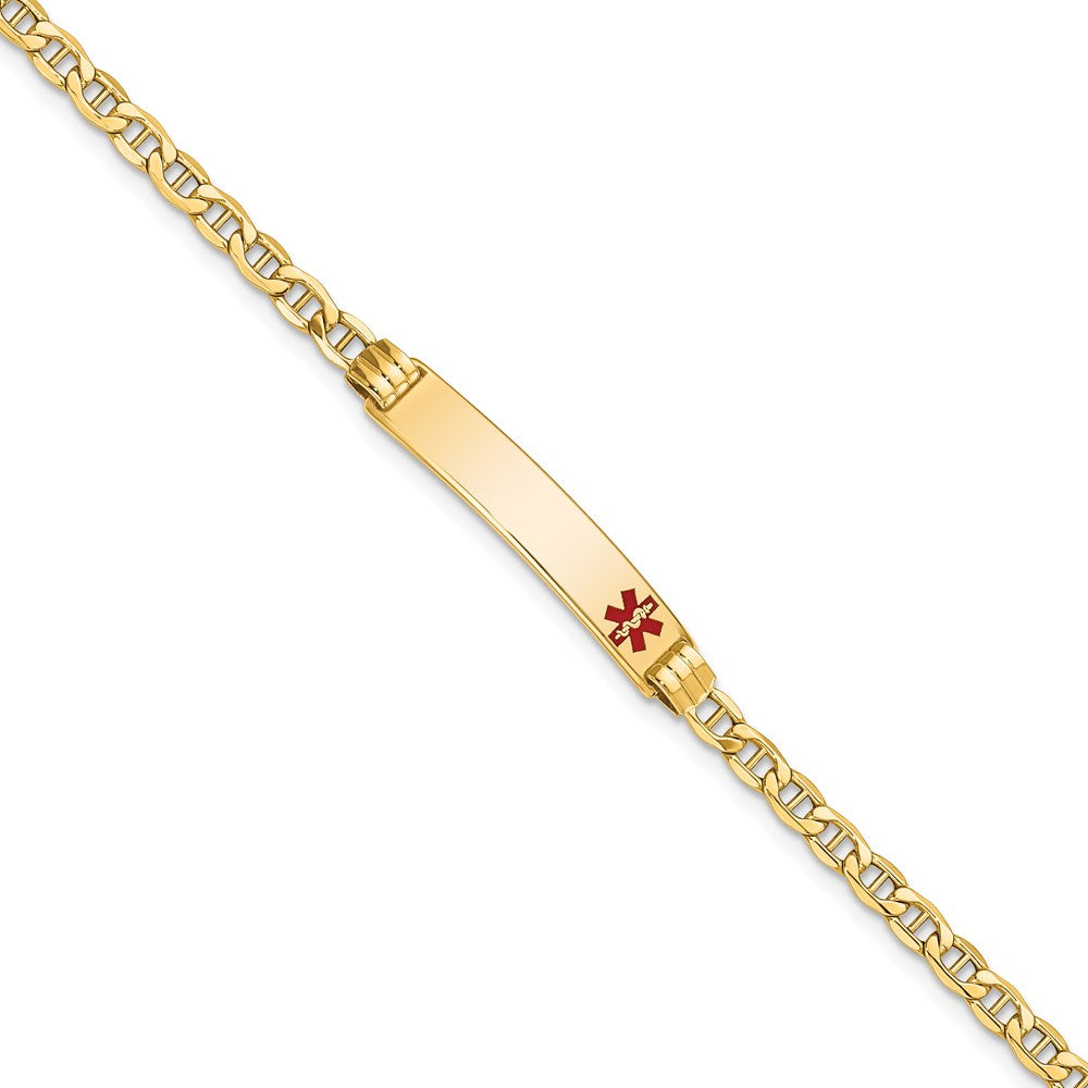 14k Medical Semi-Solid Chain/Solid Plate 26x5mm Off-Center Red Enamel Anchor Link 8 inch ID Bracelet