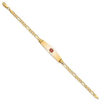 14K Medical Solid Chain/Solid Plate Soft Diamond Shape 33x8mm Centered Red Enamel Flat Figaro Link 7 inch ID Bracelet