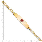 14K Medical Solid Chain/Solid Plate Soft Diamond Shape 33x8mm Centered Red Enamel Flat Figaro Link 7 inch ID Bracelet