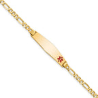 14K Medical Solid Chain/Solid Plate Soft Diamond Shape 33x8mm Off-Center Red Enamel Flat Figaro Link 7 inch ID Bracelet