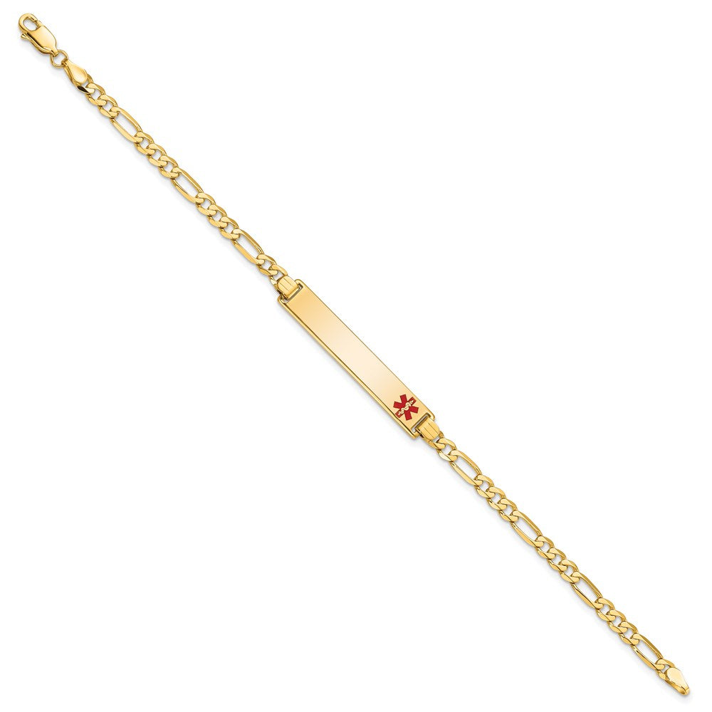 14K Medical Solid Chain/Solid Plate 33x6mm Off-Center Red Enamel Flat Figaro Link 8 inch ID Bracelet