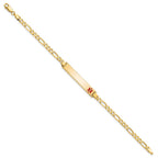 14K Medical Solid Chain/Solid Plate 33x6mm Off-Center Red Enamel Flat Figaro Link 7 inch ID Bracelet