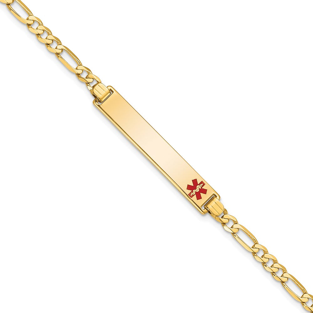 14K Medical Solid Chain/Solid Plate 33x6mm Off-Center Red Enamel Flat Figaro Link 8 inch ID Bracelet