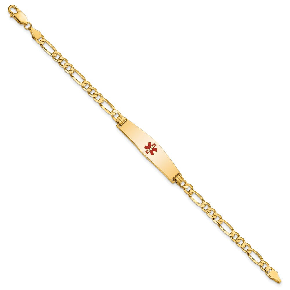 14K Medical Solid Chain/Solid Plate Soft Diamond Shape 33x8mm Centered Red Enamel Flat Figaro Link 8 inch ID Bracelet