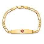 14K Medical Solid Chain/Solid Plate Soft Diamond Shape 33x8mm Centered Red Enamel Flat Figaro Link 8 inch ID Bracelet